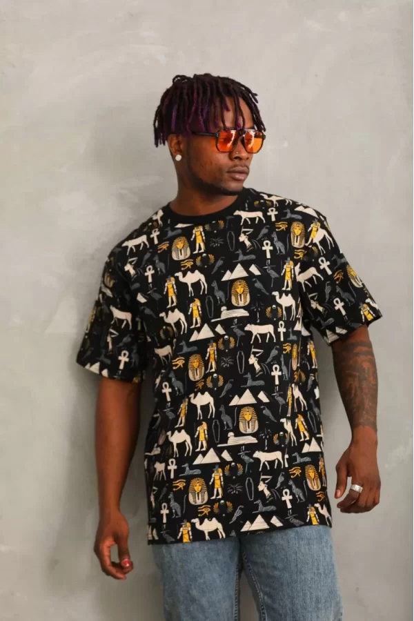 Luz&Pos Unisex Oversize Baskılı Bisiklet Yaka T-shirt - Siyah