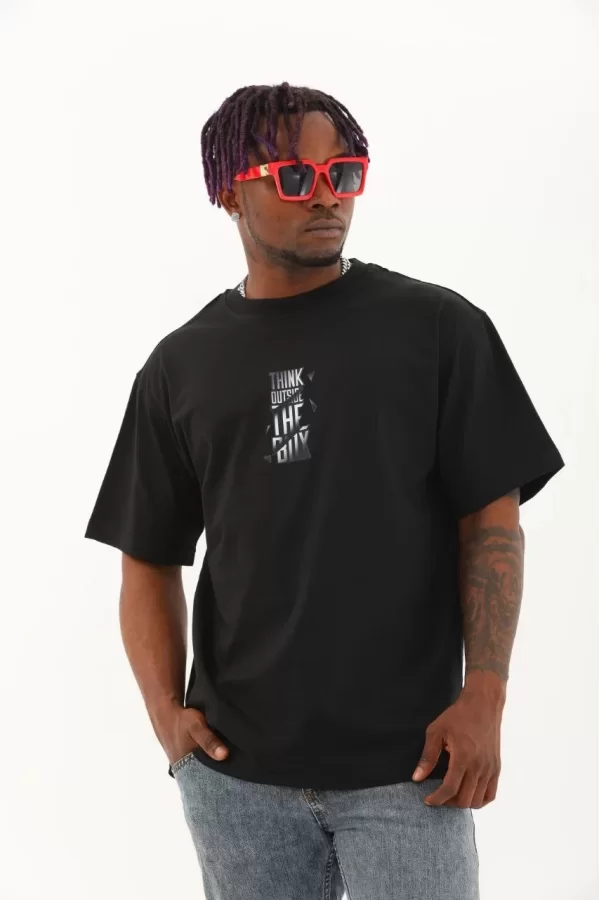 Luz&Pos Unisex Oversize Baskılı Bisiklet Yaka T-shirt - Siyah