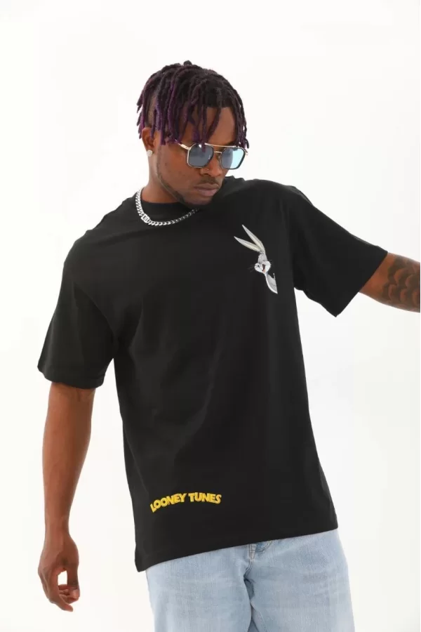 Luz&Pos Unisex Oversize Baskılı Bisiklet Yaka T-shirt - Siyah
