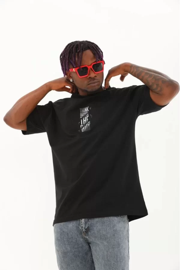 Luz&Pos Unisex Oversize Baskılı Bisiklet Yaka T-shirt - Siyah