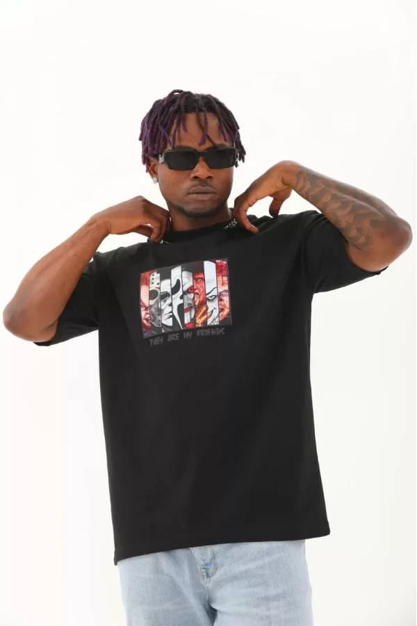 Luz&Pos Unisex Oversize Baskılı Bisiklet Yaka T-shirt - Siyah