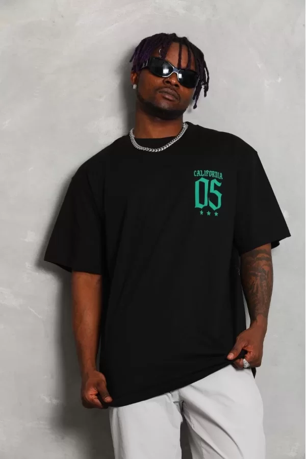 Luz&Pos Unisex Oversize Baskılı Bisiklet Yaka T-shirt - Siyah