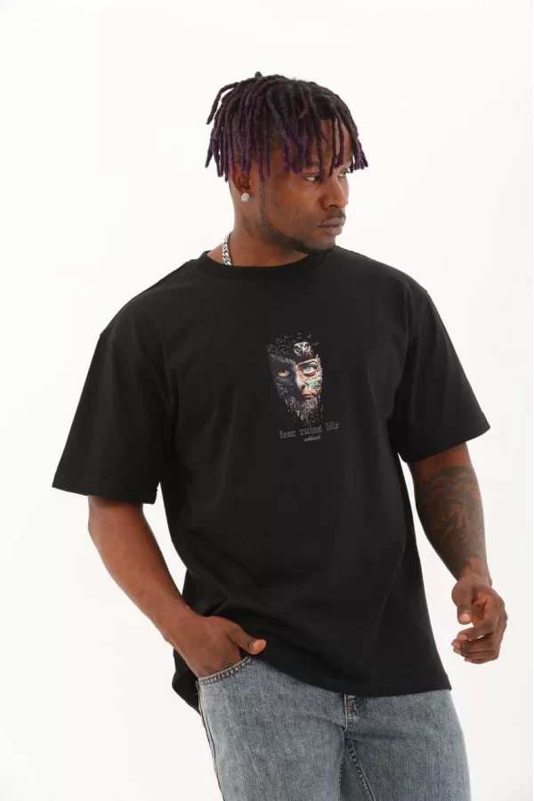 Luz&Pos Unisex Oversize Baskılı Bisiklet Yaka T-shirt - Siyah