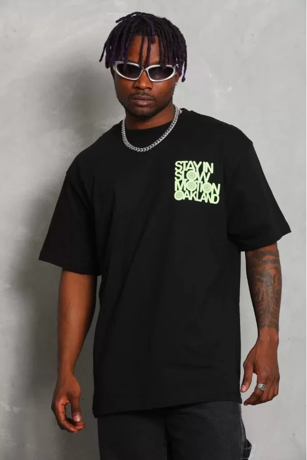 Luz&Pos Unisex Oversize Baskılı Bisiklet Yaka T-shirt - Siyah