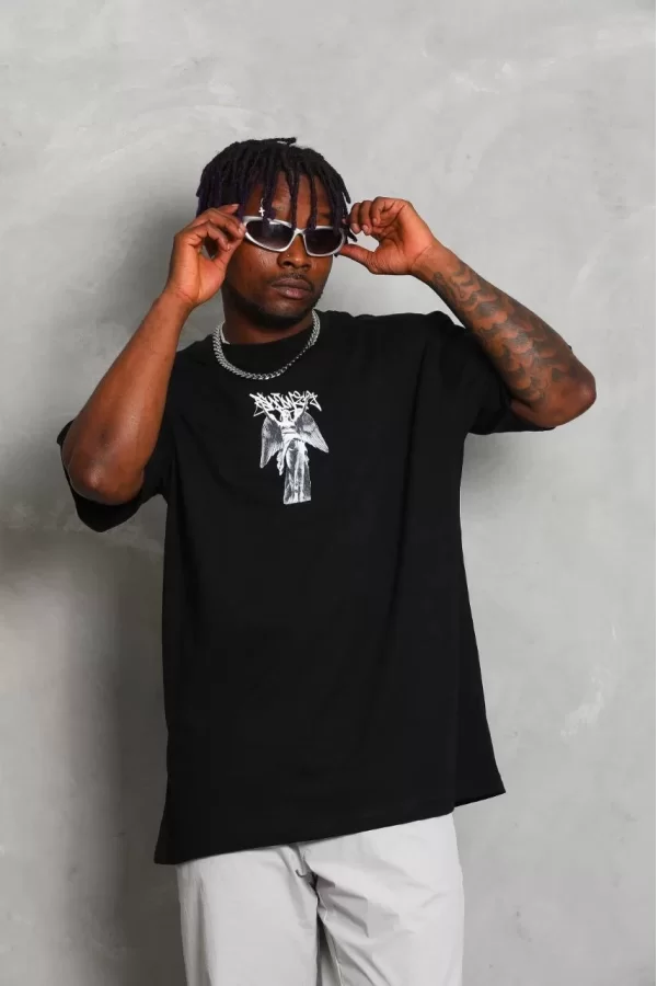 Luz&Pos Unisex Oversize Baskılı Bisiklet Yaka T-shirt - Siyah