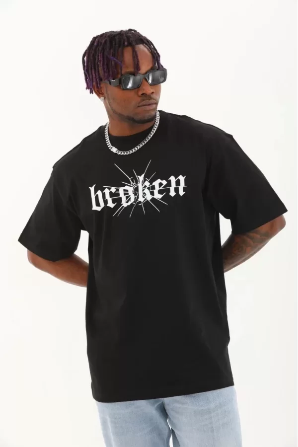 Luz&Pos Unisex Oversize Baskılı Bisiklet Yaka T-shirt - Siyah