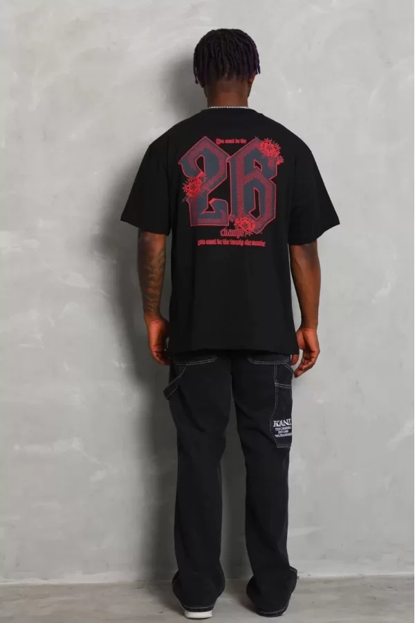 Luz&Pos Unisex Oversize Baskılı Bisiklet Yaka T-shirt - Siyah