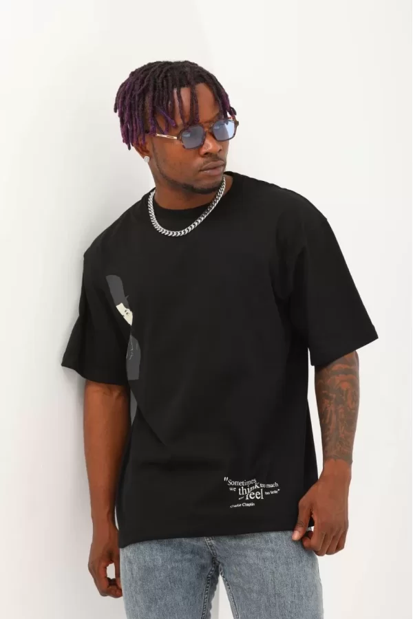 Luz&Pos Unisex Oversize Baskılı Bisiklet Yaka T-shirt - Siyah