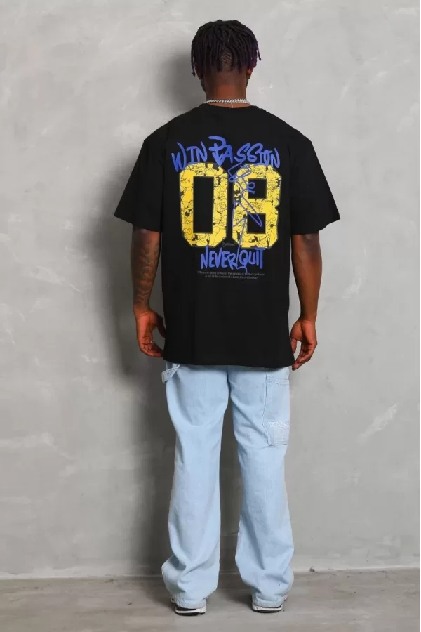 Luz&Pos Unisex Oversize Baskılı Bisiklet Yaka T-shirt - Siyah
