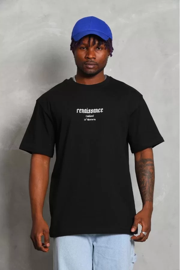 Luz&Pos Unisex Oversize Baskılı Bisiklet Yaka T-shirt - Siyah