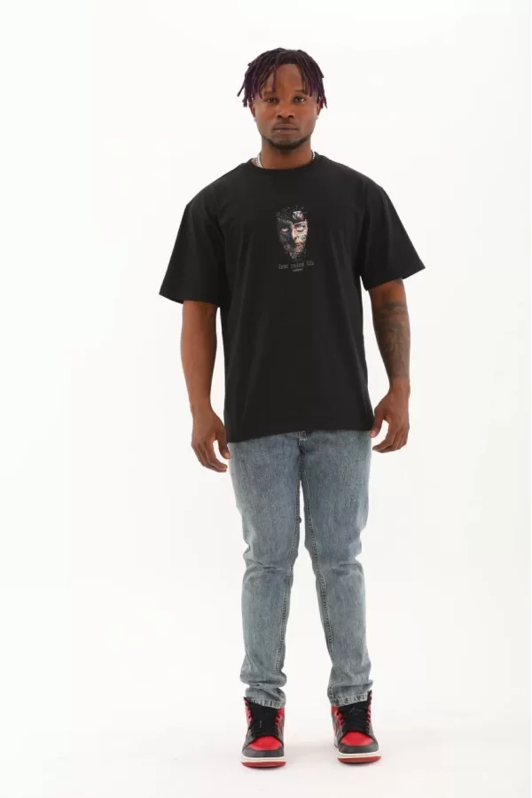 Luz&Pos Unisex Oversize Baskılı Bisiklet Yaka T-shirt - Siyah