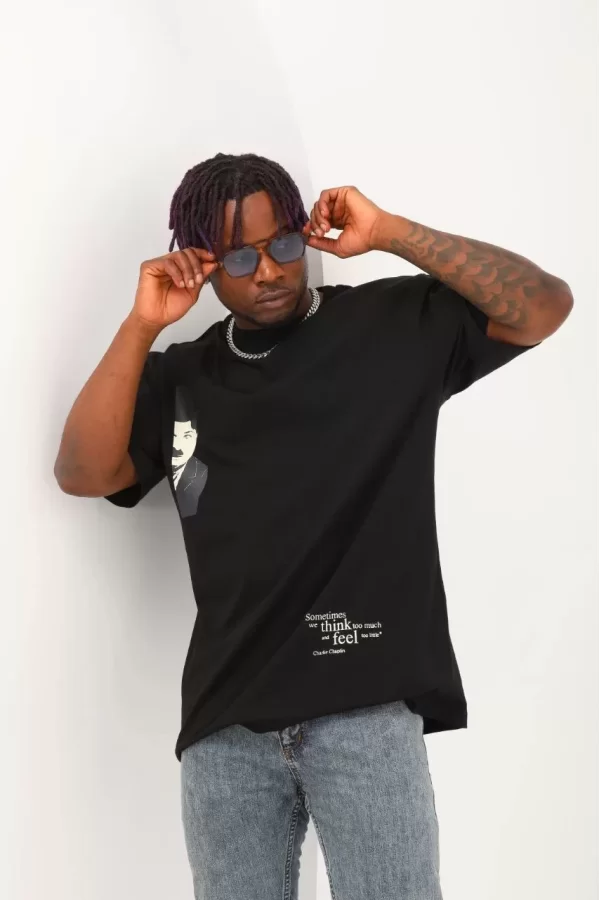 Luz&Pos Unisex Oversize Baskılı Bisiklet Yaka T-shirt - Siyah
