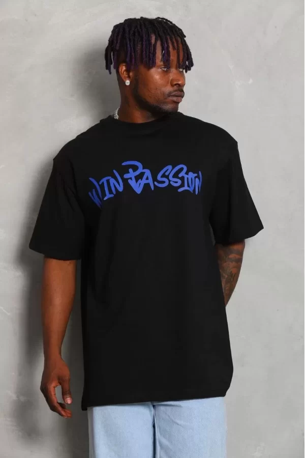 Luz&Pos Unisex Oversize Baskılı Bisiklet Yaka T-shirt - Siyah