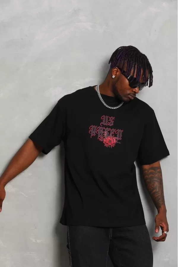 Luz&Pos Unisex Oversize Baskılı Bisiklet Yaka T-shirt - Siyah