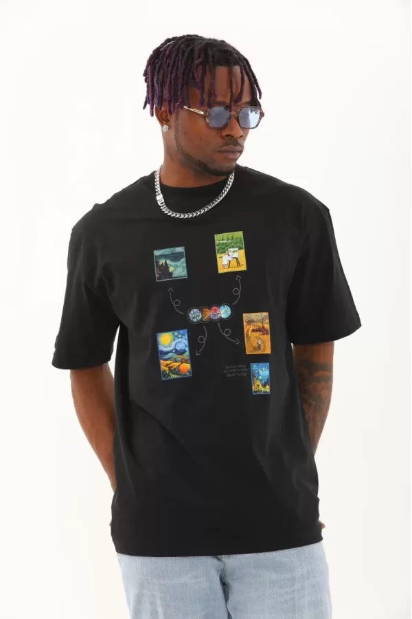 Luz&Pos Unisex Oversize Baskılı Bisiklet Yaka T-shirt - Siyah