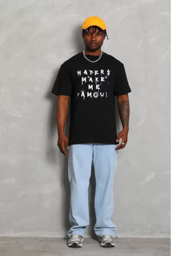 Luz&Pos Unisex Oversize Baskılı Bisiklet Yaka T-shirt - Siyah