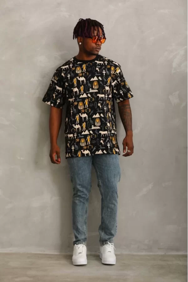 Luz&Pos Unisex Oversize Baskılı Bisiklet Yaka T-shirt - Siyah