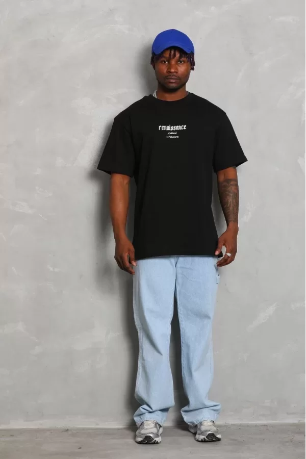 Luz&Pos Unisex Oversize Baskılı Bisiklet Yaka T-shirt - Siyah