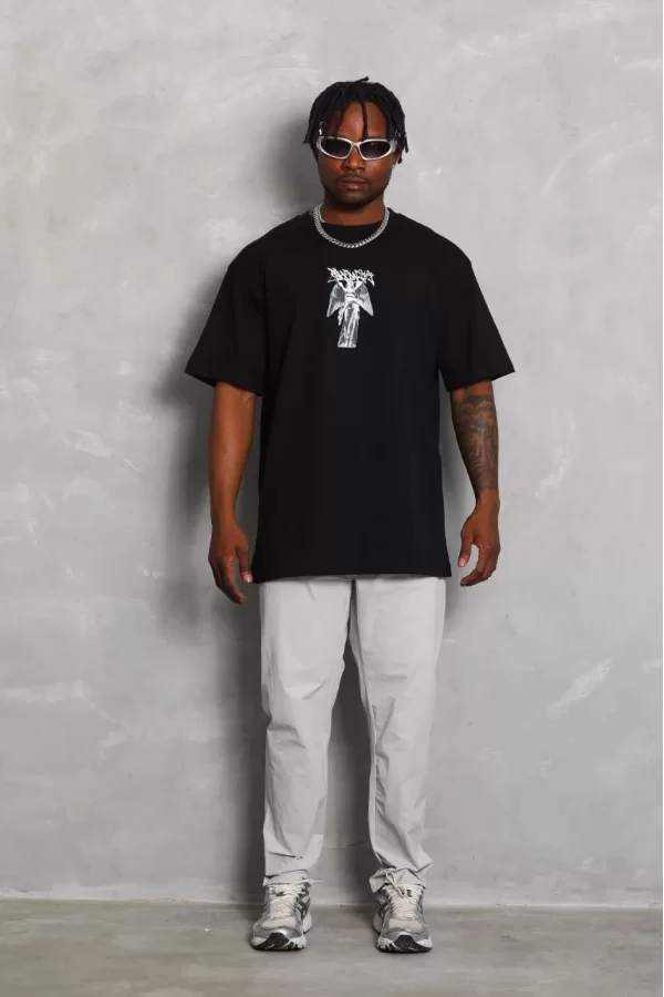Luz&Pos Unisex Oversize Baskılı Bisiklet Yaka T-shirt - Siyah