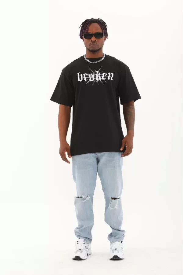 Luz&Pos Unisex Oversize Baskılı Bisiklet Yaka T-shirt - Siyah
