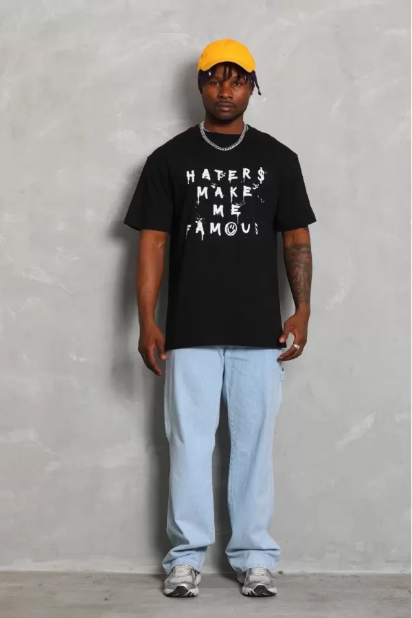 Luz&Pos Unisex Oversize Baskılı Bisiklet Yaka T-shirt - Siyah