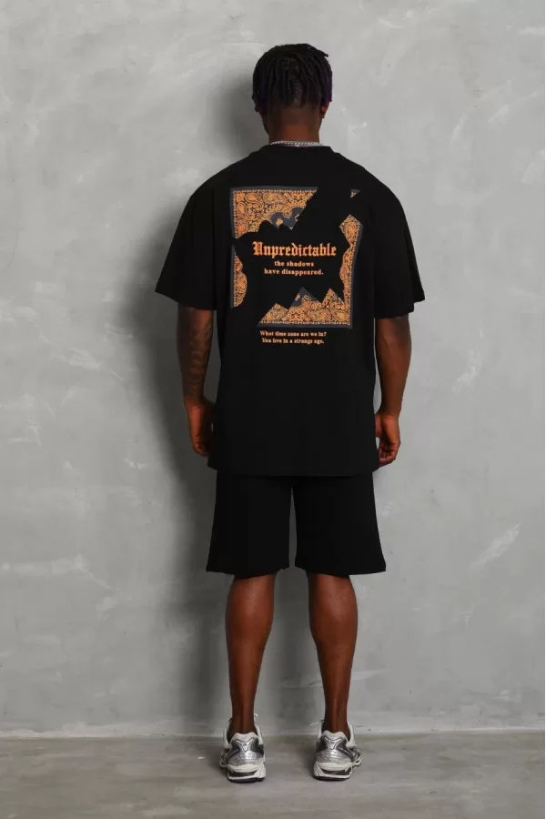 Luz&Pos Unisex Oversize Baskılı Bisiklet Yaka T-shirt - Siyah