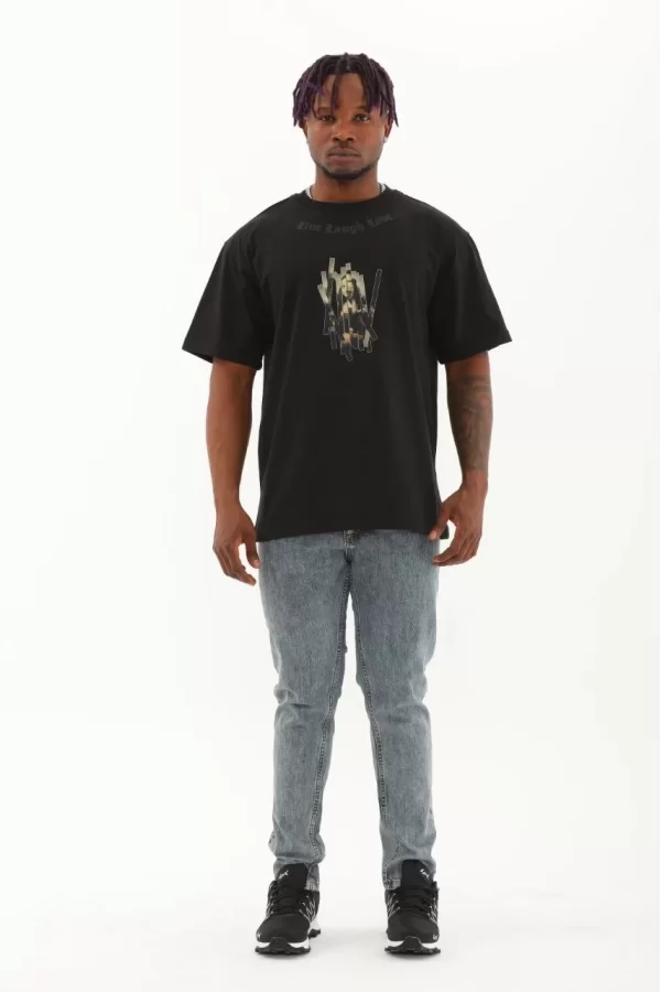 Luz&Pos Unisex Oversize Baskılı Bisiklet Yaka T-shirt - Siyah