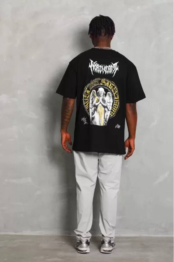 Unisex Oversize Baskılı Bisiklet Yaka T-Shirt - Siyah