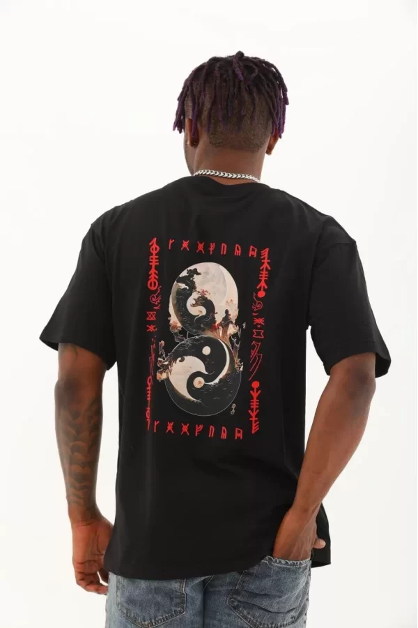 Luz&Pos Unisex Oversize Baskılı Bisiklet Yaka T-shirt - Siyah