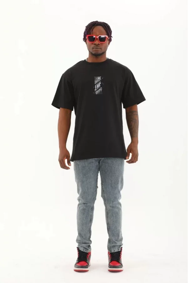 Luz&Pos Unisex Oversize Baskılı Bisiklet Yaka T-shirt - Siyah
