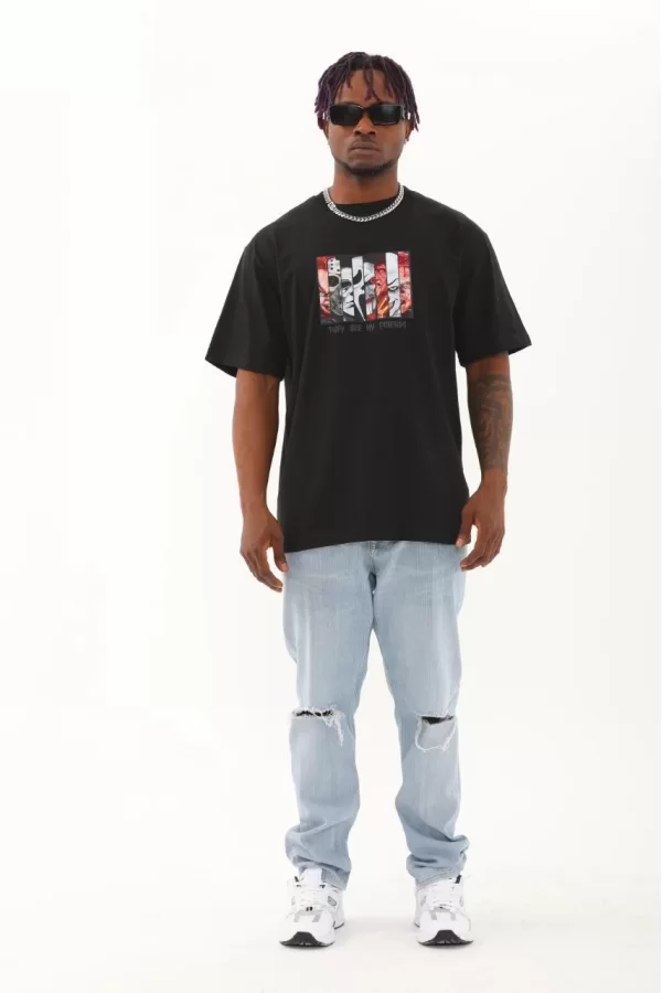 Luz&Pos Unisex Oversize Baskılı Bisiklet Yaka T-shirt - Siyah