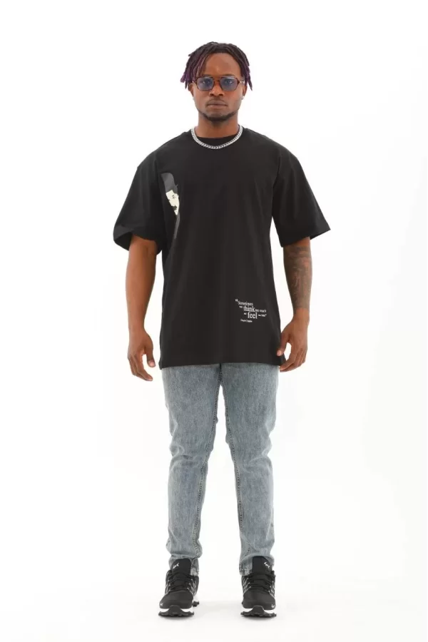 Luz&Pos Unisex Oversize Baskılı Bisiklet Yaka T-shirt - Siyah