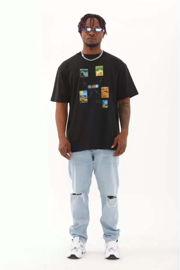 Luz&Pos Unisex Oversize Baskılı Bisiklet Yaka T-shirt - Siyah