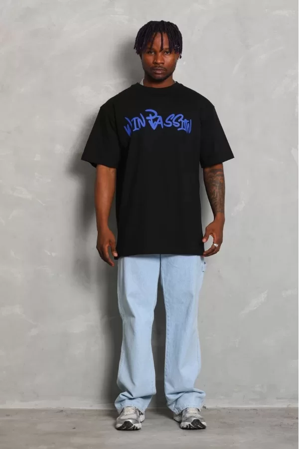 Luz&Pos Unisex Oversize Baskılı Bisiklet Yaka T-shirt - Siyah