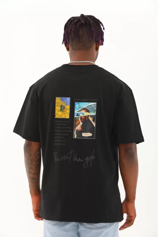 Luz&Pos Unisex Oversize Baskılı Bisiklet Yaka T-shirt - Siyah
