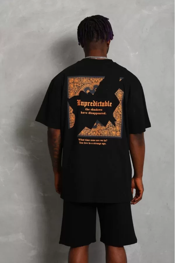 Luz&Pos Unisex Oversize Baskılı Bisiklet Yaka T-shirt - Siyah