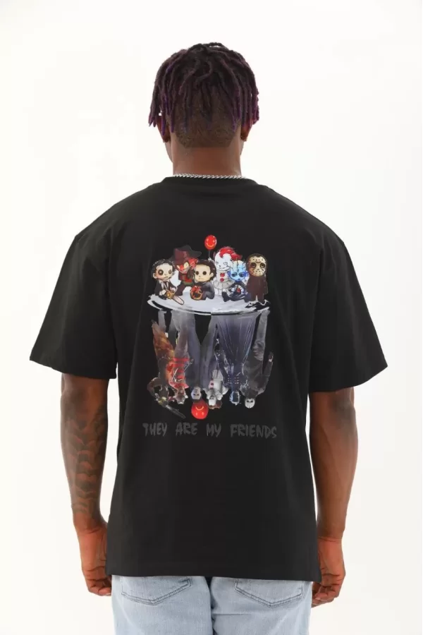 Luz&Pos Unisex Oversize Baskılı Bisiklet Yaka T-shirt - Siyah