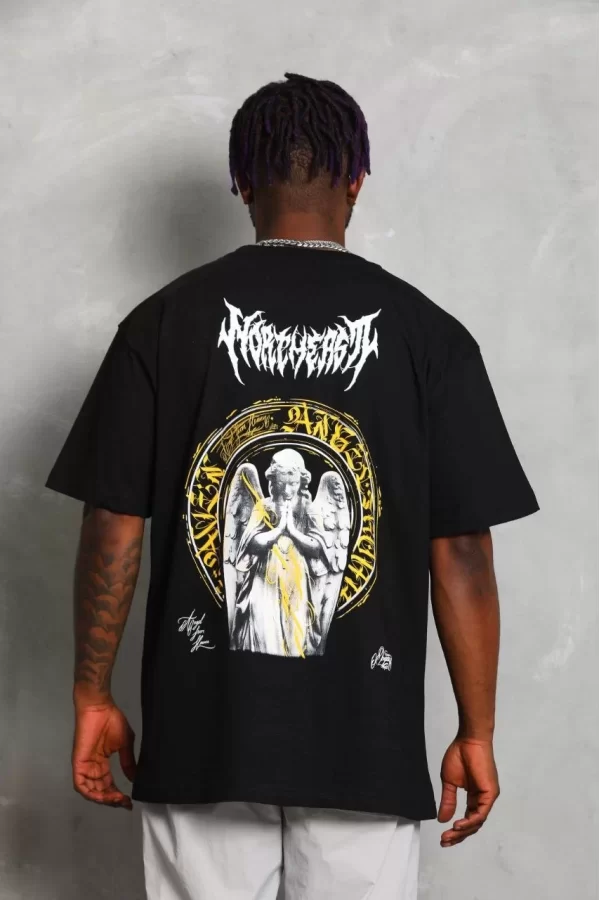 Luz&Pos Unisex Oversize Baskılı Bisiklet Yaka T-shirt - Siyah