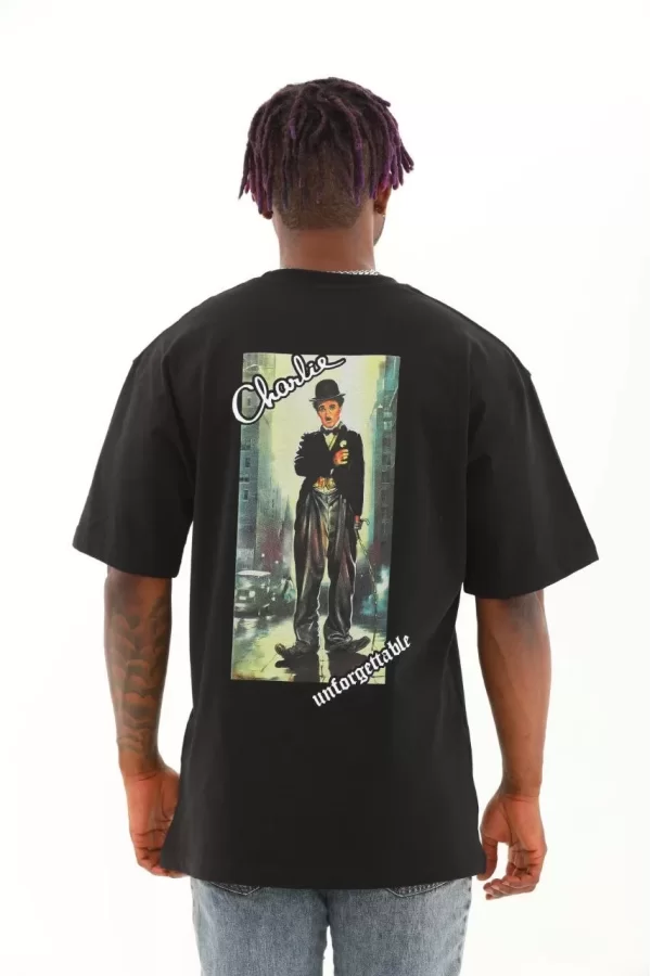 Luz&Pos Unisex Oversize Baskılı Bisiklet Yaka T-shirt - Siyah