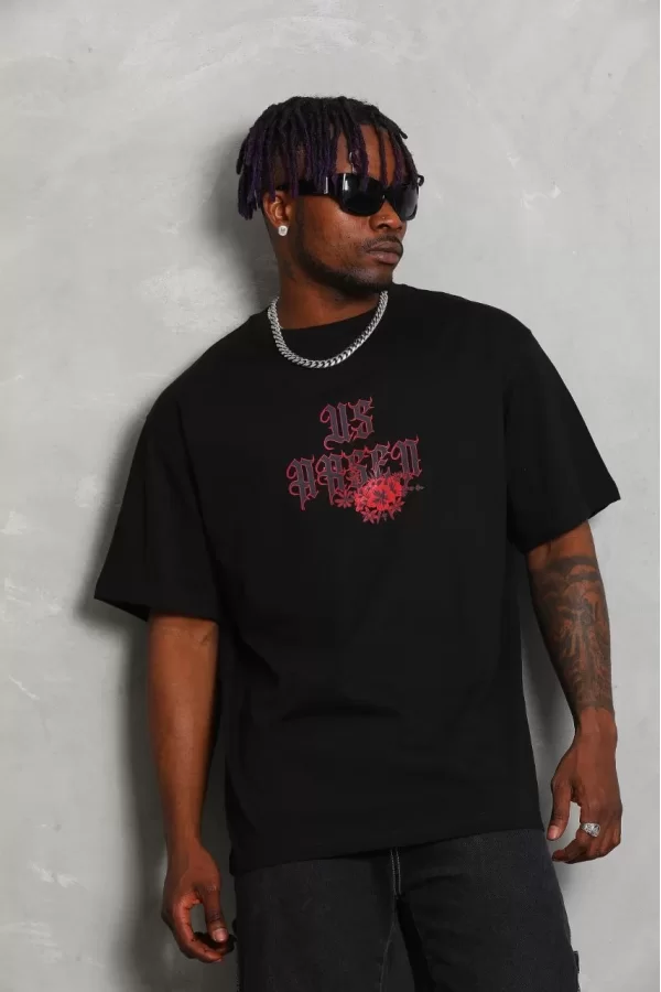 Luz&Pos Unisex Oversize Baskılı Bisiklet Yaka T-shirt - Siyah