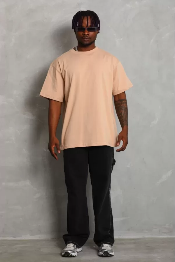 Luz&Pos Unisex Oversize Düz Bisiklet Yaka T-shirt - Bej
