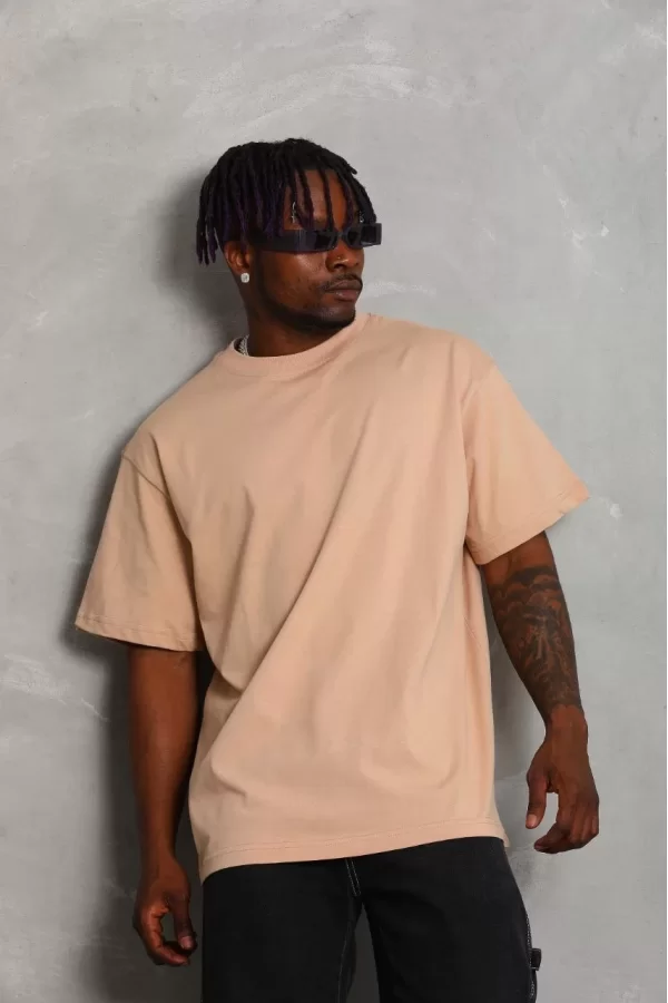 Luz&Pos Unisex Oversize Düz Bisiklet Yaka T-shirt - Bej