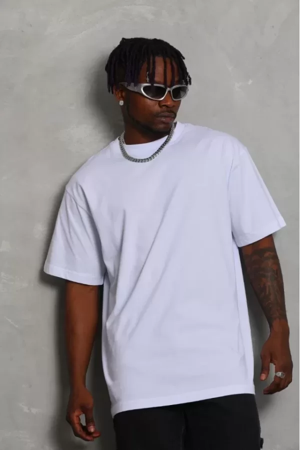 Unisex Oversize Düz Bisiklet Yaka T-Shirt - Beyaz