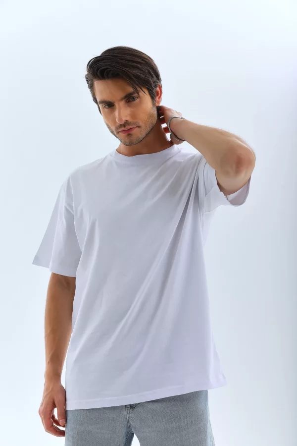 Luz&Pos Unisex Oversize Düz Bisiklet Yaka T-shirt - Beyaz