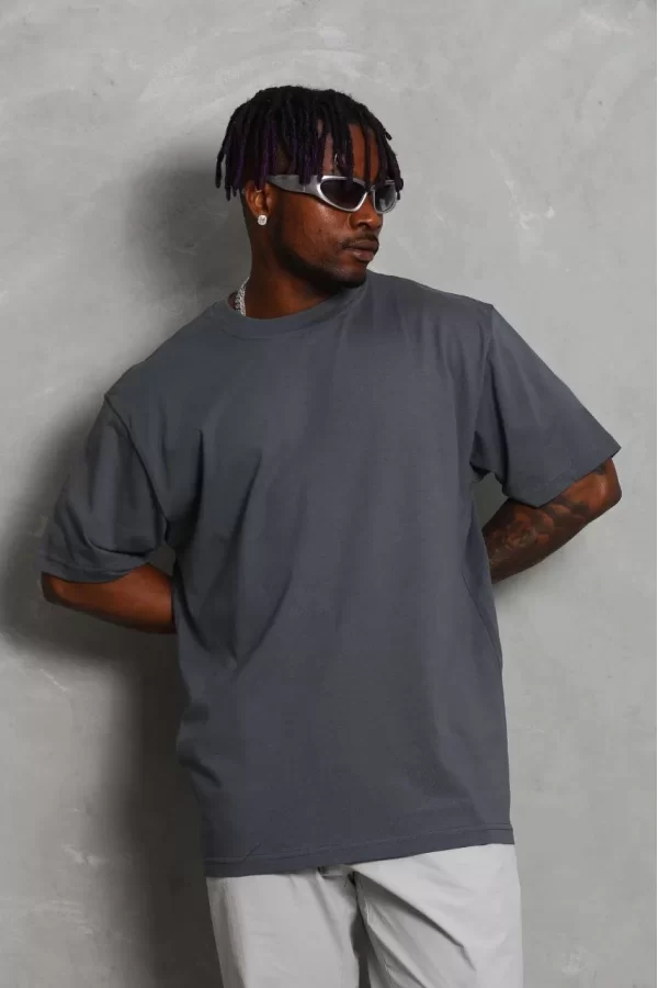 Luz&Pos Unisex Oversize Düz Bisiklet Yaka T-shirt - Füme