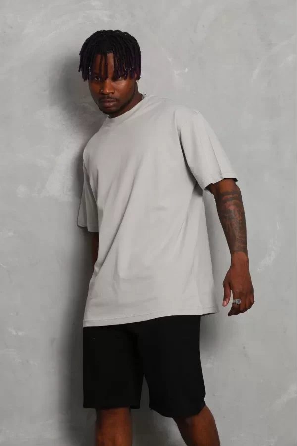 Luz&Pos Unisex Oversize Düz Bisiklet Yaka T-shirt - Gri