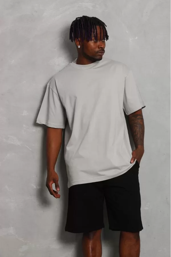 Luz&Pos Unisex Oversize Düz Bisiklet Yaka T-shirt - Gri