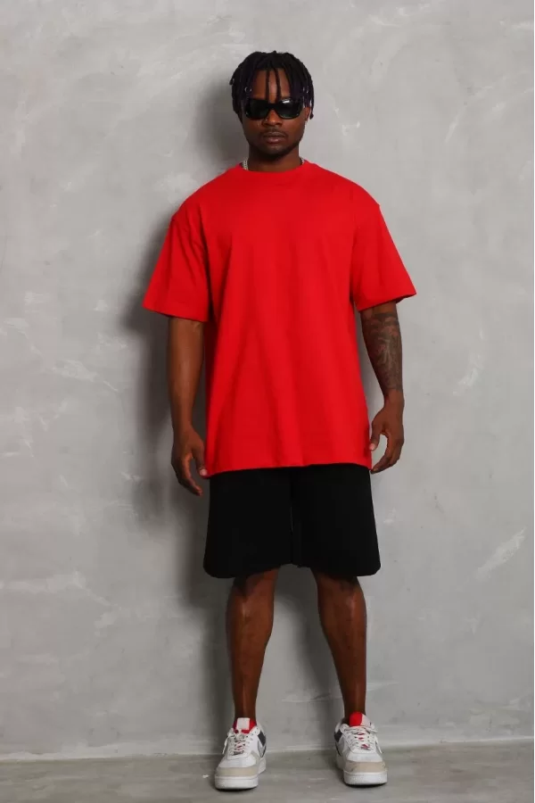Luz&Pos Unisex Oversize Düz Bisiklet Yaka T-shirt - Kırmızı