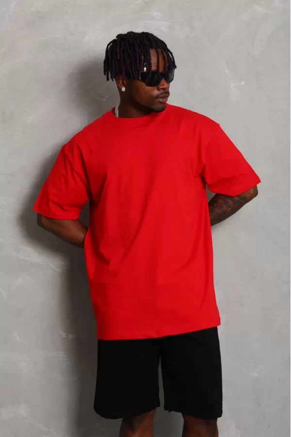 Luz&Pos Unisex Oversize Düz Bisiklet Yaka T-shirt - Kırmızı