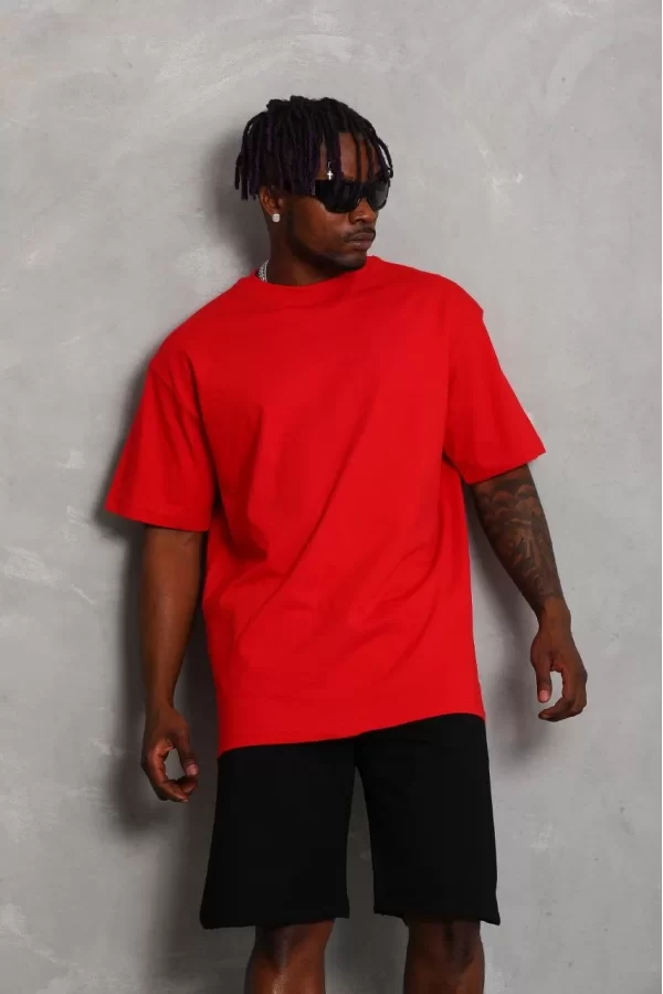 Luz&Pos Unisex Oversize Düz Bisiklet Yaka T-shirt - Kırmızı